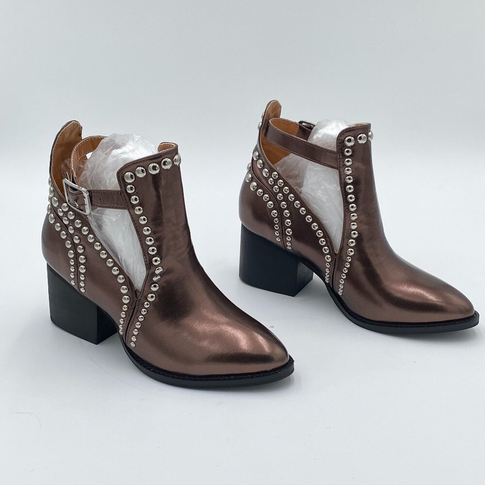 Women Pointed Toe Ankle Boots Rivet Studded Chunky High Heel Booties Hollow Cut